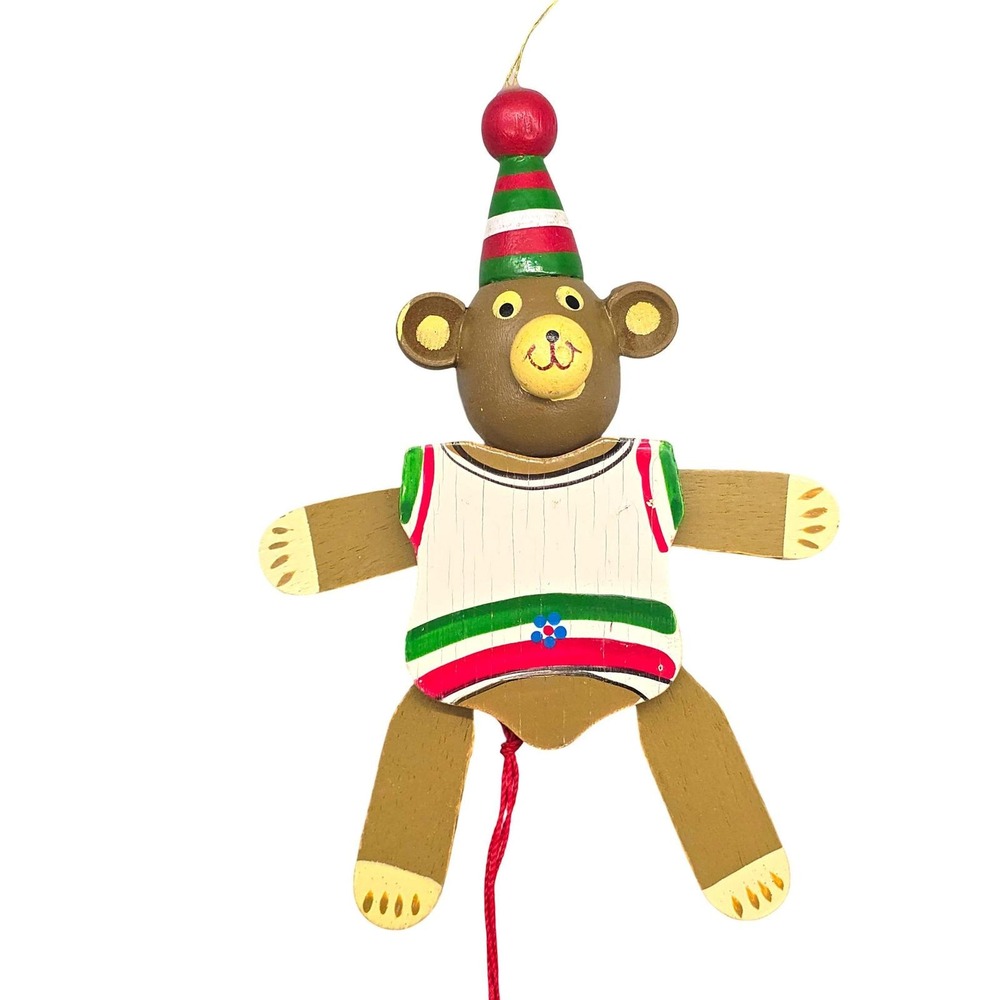 Vintage Wooden Bear Jumping Jack Christmas Ornaments Set 2 Pull String Taiwan - Picture 7 of 15